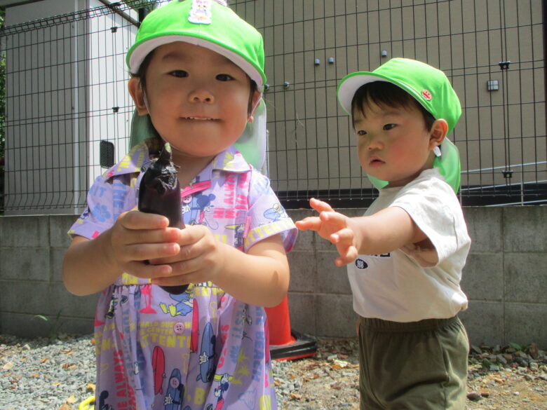 藤野園　くり組　ナスの収穫したよ♪