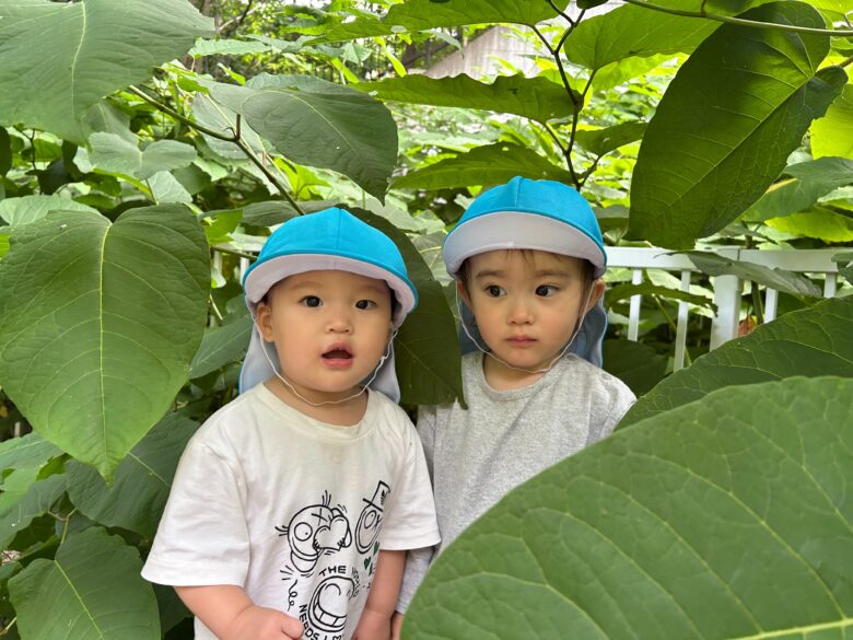 宮の森保育園　8月のくり組さん　大きな葉っぱの中で